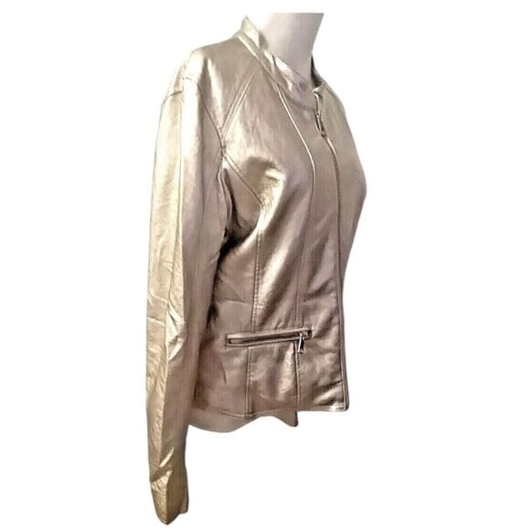 Cavalini Jacket Womens Large Champagne Metallic Faux Leather Zip Collarless - Picture 7 of 9